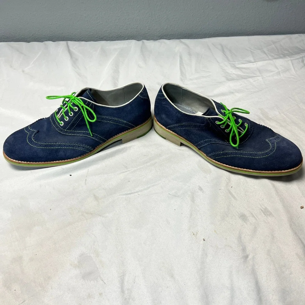 Johnston & Murphy Mens Wingtip Brogue‎ Suede Oxford Shoes Navy Green Laces 9M